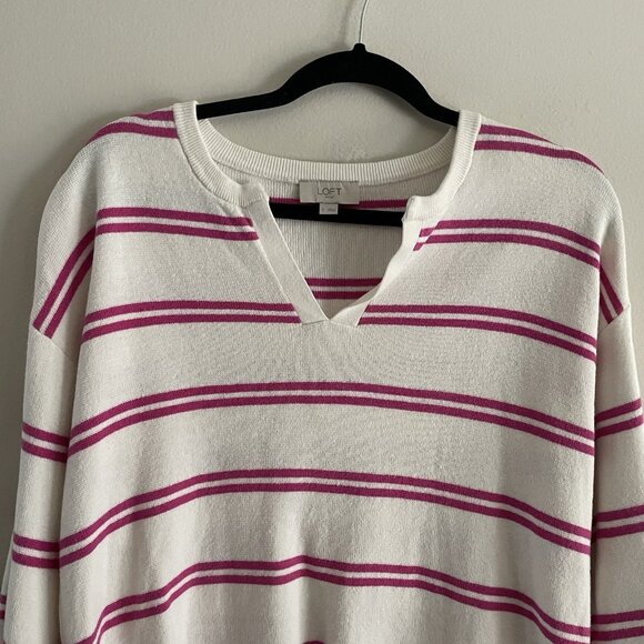 Loft Outlet Women Sz S White/Pink Striped Split V-Neck 3/4 Sleeve Sweater - Picture 5 of 9
